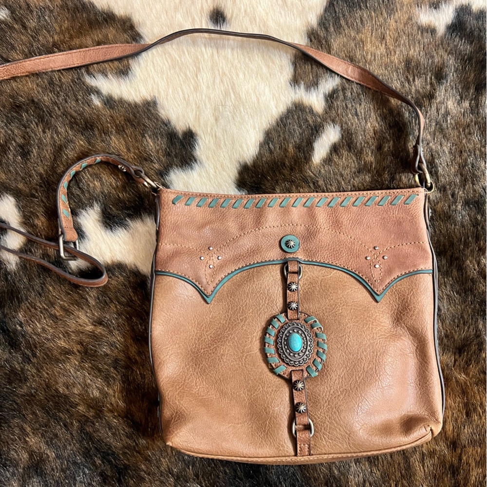 Justin Boots Tan Crossbody Bag with Turquoise Details